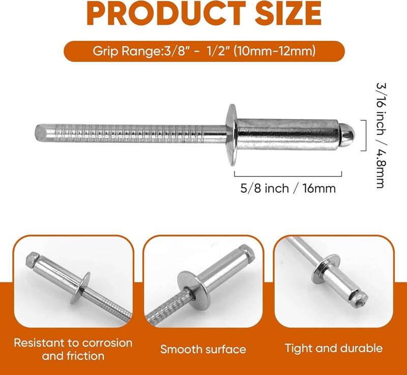 ALLCLEAN 80 Pcs 3/16"x5/8" Stainless Steel Blind Pro Rivets,4.8 x 16mm Pop Rivets,Stainless Steel Grip and Stainless Steel Mandrel - Image 2